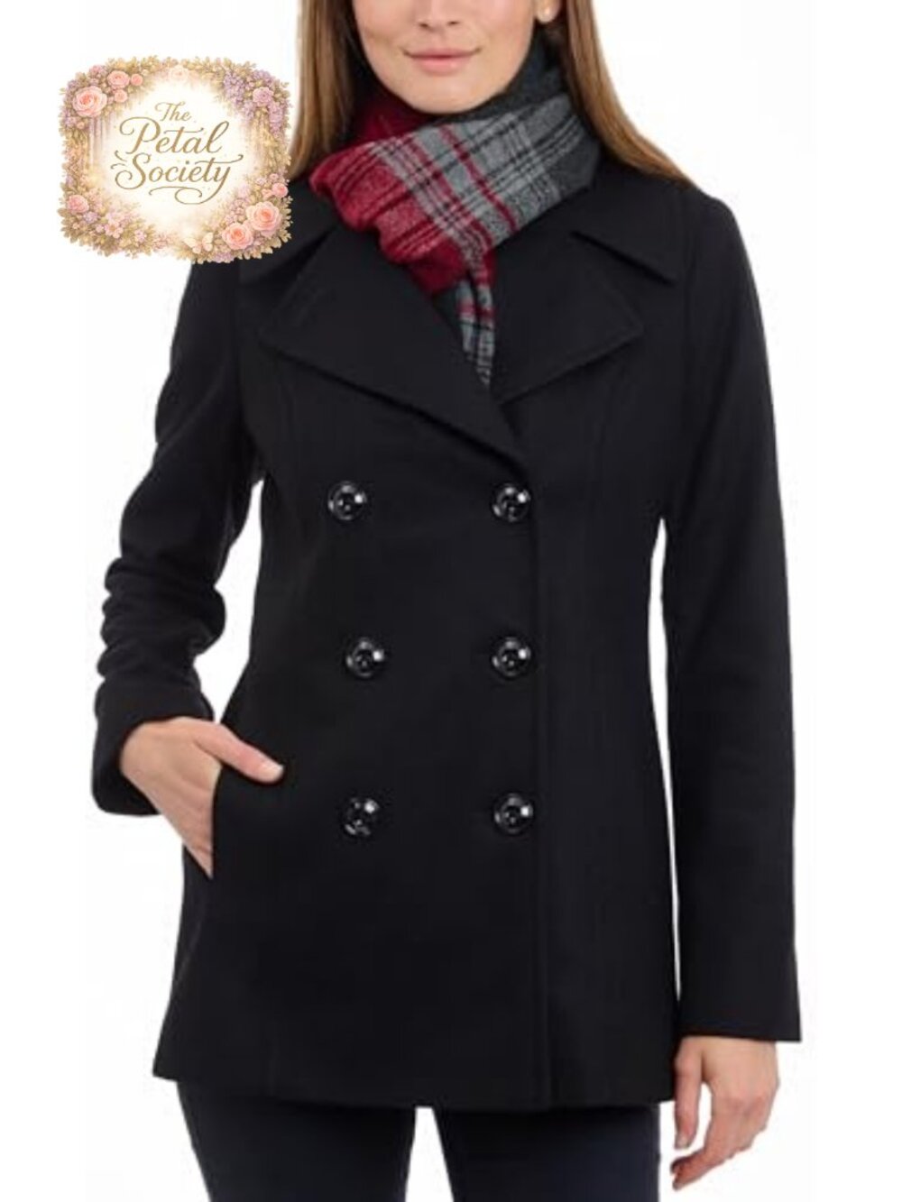 Double Breasted Peacoat with Scarf Wool Blend Winter Coat